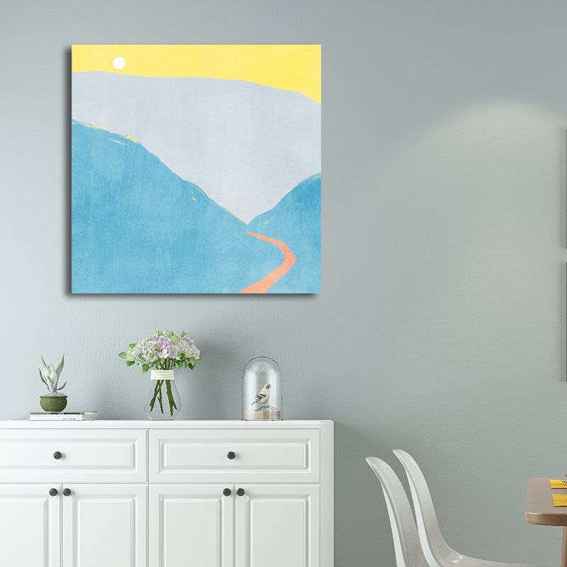 Moon Mountain Landscape Painting Childrens Art Textured Wall Decor in Pastel Color