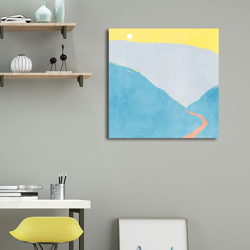 Moon Mountain Landscape Painting Childrens Art Textured Wall Decor in Pastel Color