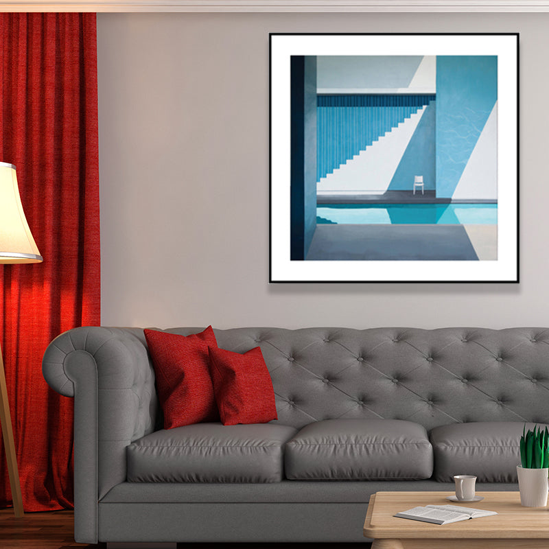 Nordischer Leinwanddruck, dunkle Farbe, Ecke eines Gebäudes und Stuhl, Wandkunst, Dekor für Schlafzimmer