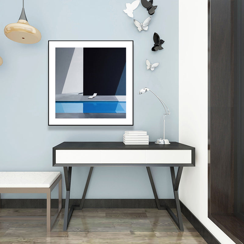 Nordischer Leinwanddruck, dunkle Farbe, Ecke eines Gebäudes und Stuhl, Wandkunst, Dekor für Schlafzimmer