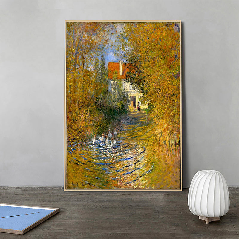 Geese in the Creek Art Print Textured Rustic House Interior Canvas in Yellow-Orange