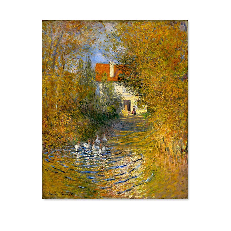 Geese in the Creek Art Print Textured Rustic House Interior Canvas in Yellow-Orange