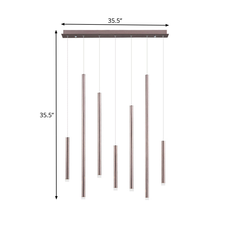 Brown/Gold Slim Pendant Lighting Modern 7 Lights Metal Hanging Light for Dining Room with Adjustable Cord in Warm/White