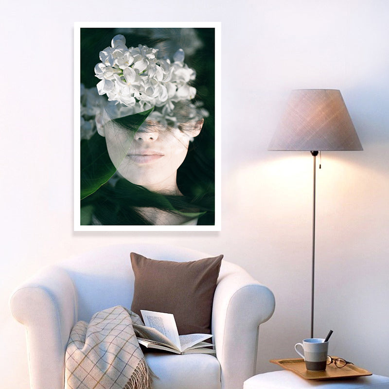 Photography Woman and Flower Canvas Art for Girls Bedroom, White and Green, Textured