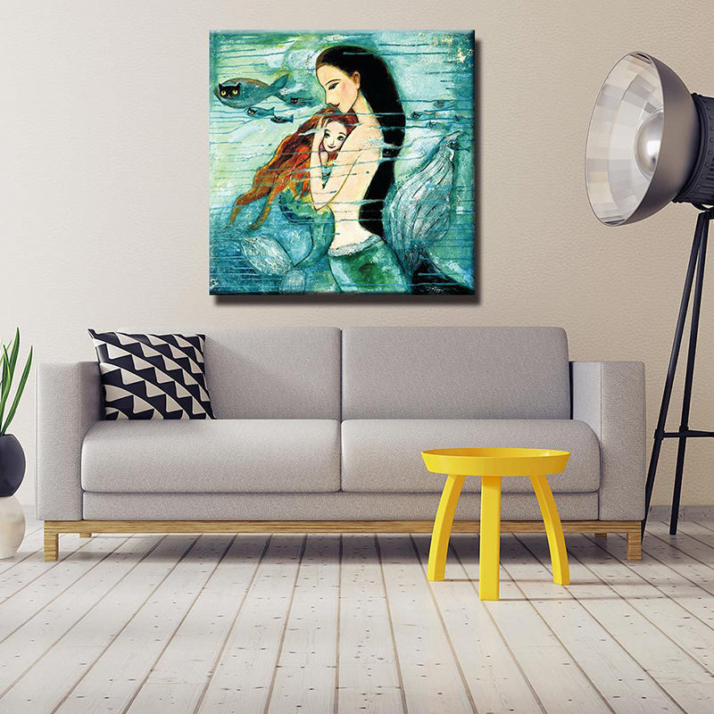 Fantasy Wall Art Kids Style Myth Mermaid Drawing Canvas Print in Green for Home