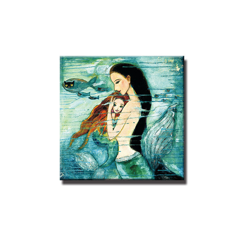 Fantasy Wall Art Kids Style Myth Mermaid Drawing Canvas Print in Green for Home