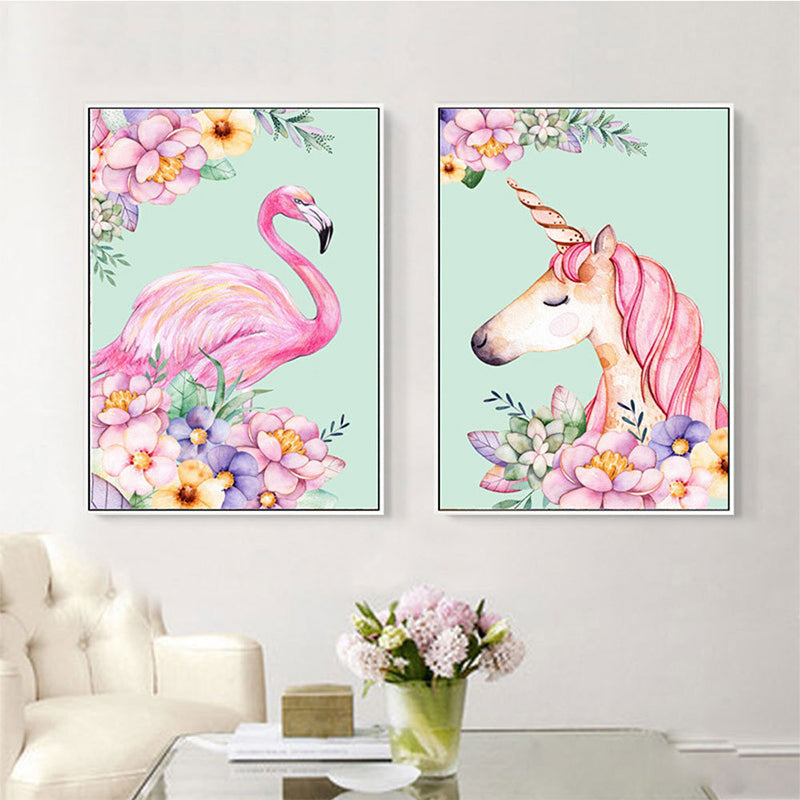 Kids Fantasy Animal Art Print Pink Textured Surface Wall Decoration for Living Room