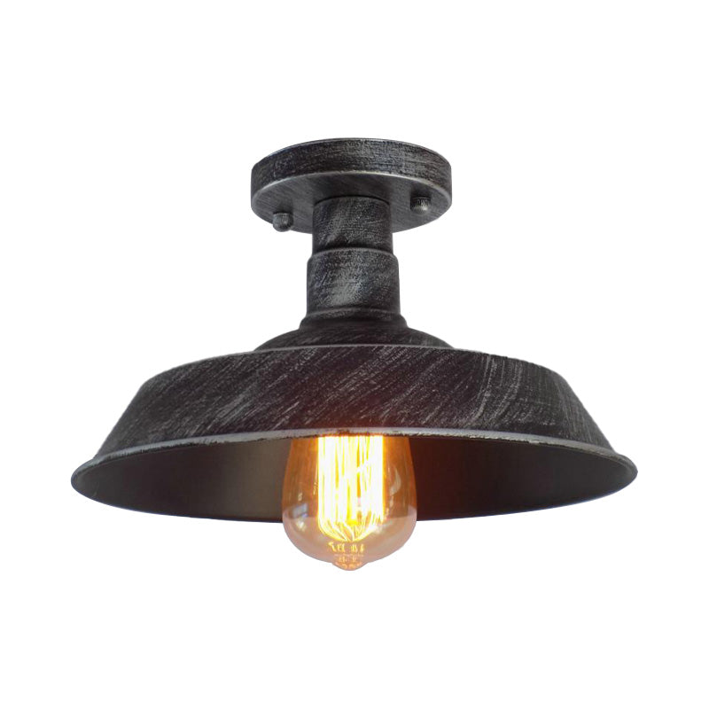 Farmhouse Barn Shade Semi-Flush Mount 1 Head Wrought Iron Ceiling Light Fixture in Aged Silver/Weathered Copper