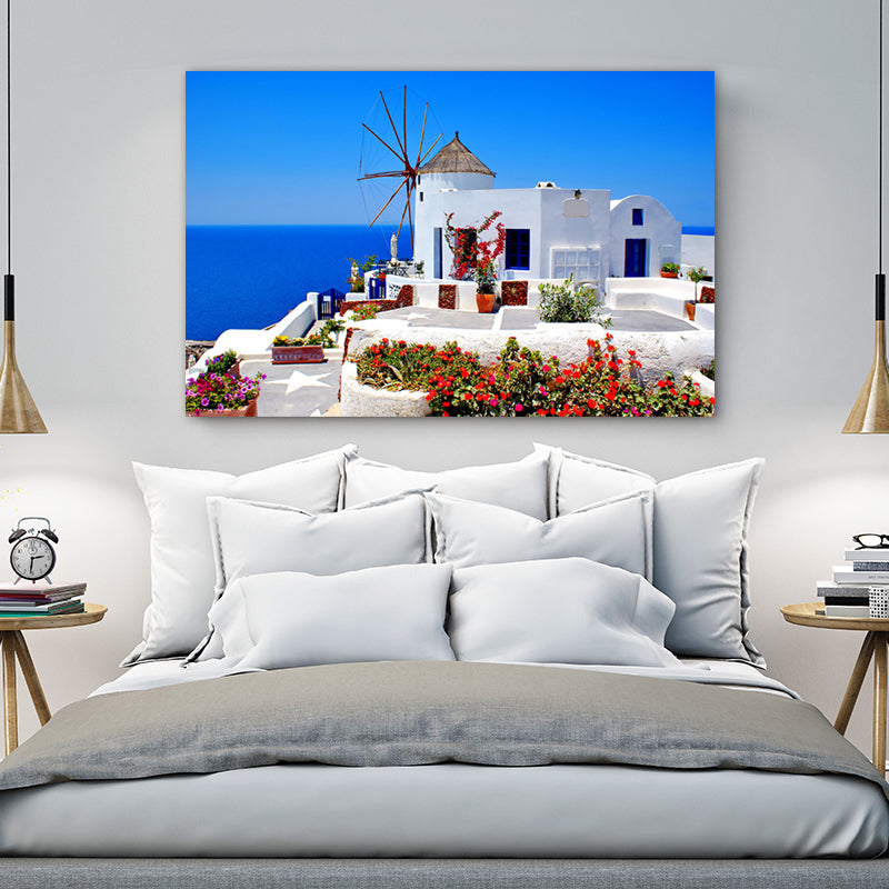 Aegean Sea Houses Wall Art Modern Style Textured Sitting Room Canvas Print in Blue