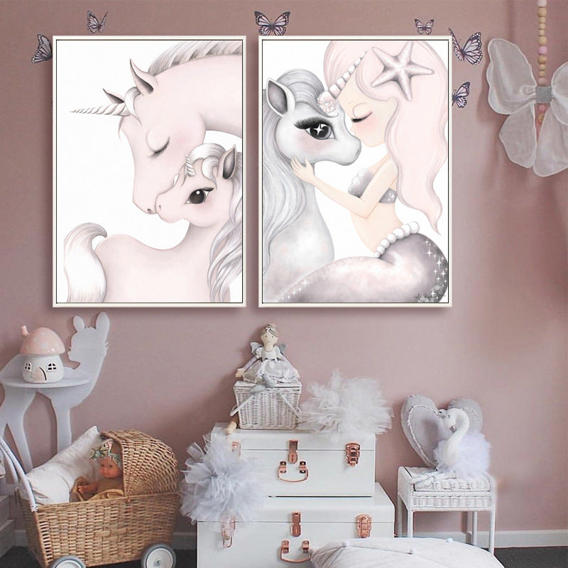 Cartoon Pony Painting Canvas Wall Art Pink Fantasy Wall Decor for Baby Girls Room