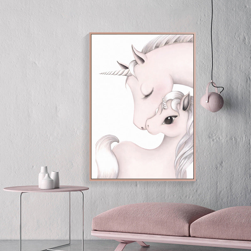 Cartoon Pony Painting Canvas Wall Art Pink Fantasy Wall Decor for Baby Girls Room