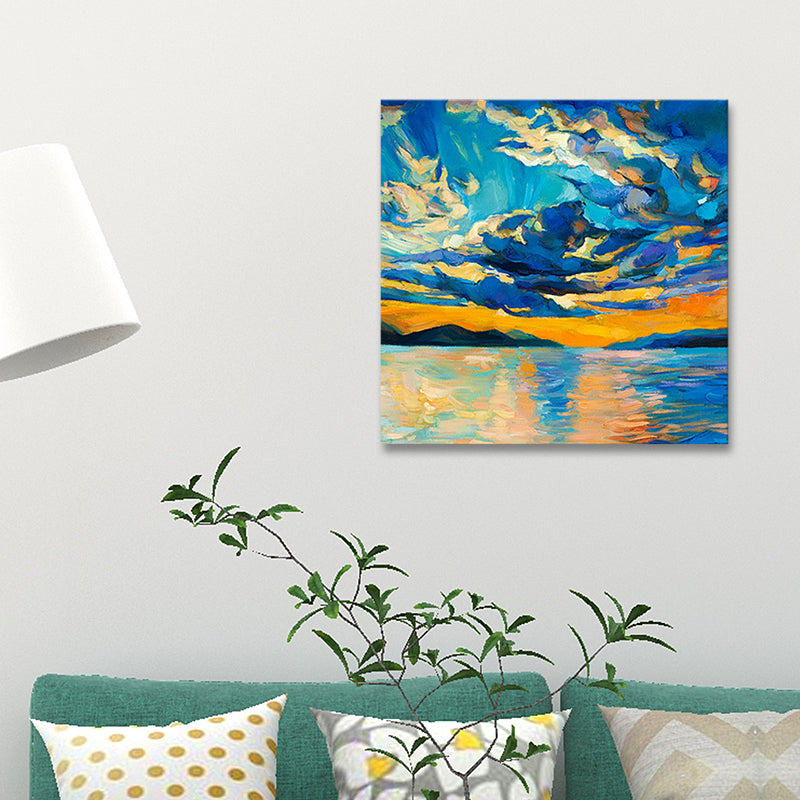 Blue Scenery Canvas Wall Art Modern Stunning River and Sunset Glow Painting in Blue