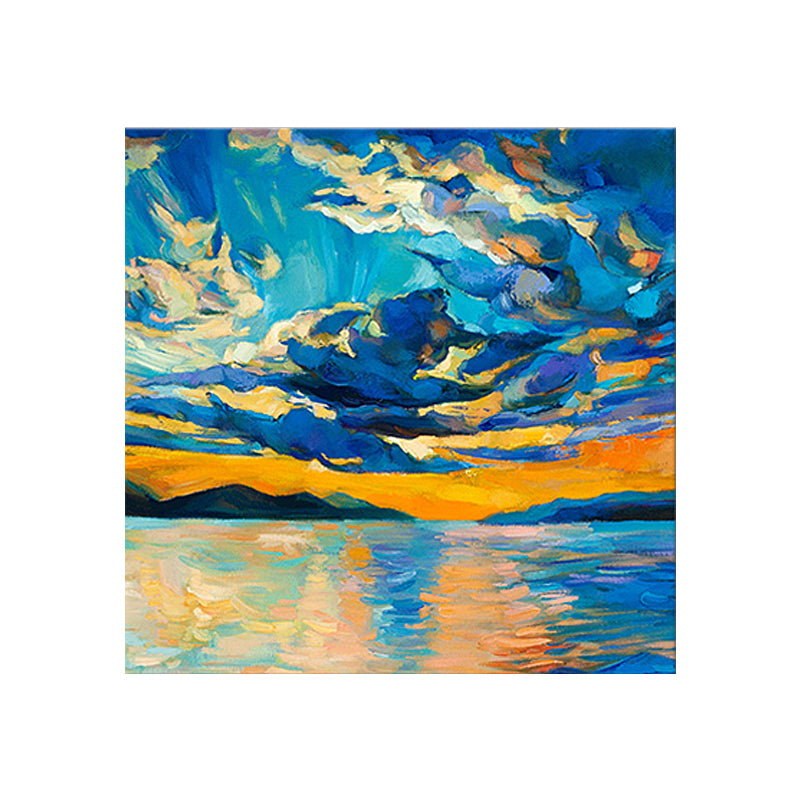 Blue Scenery Canvas Wall Art Modern Stunning River and Sunset Glow Painting in Blue
