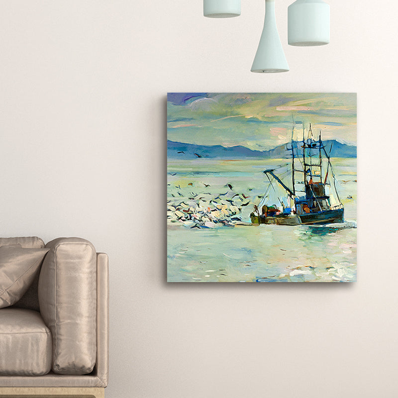 Traditional Wall Art Print Blue Gull and Fishing Boat on the Ocean Painting for Home