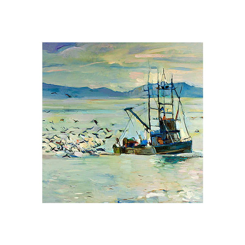 Traditional Wall Art Print Blue Gull and Fishing Boat on the Ocean Painting for Home
