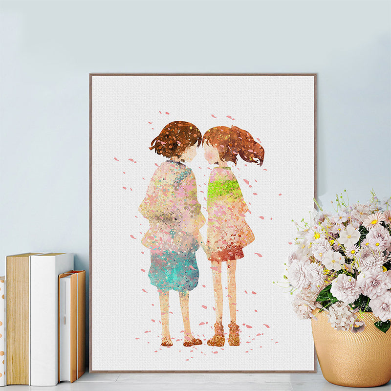 Puppy Love Painting Art Print Textured Cartoon Girls Bedroom Wall Decor in Orange