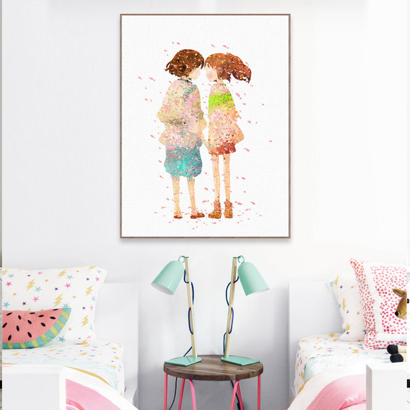 Puppy Love Painting Art Print Textured Cartoon Girls Bedroom Wall Decor in Orange