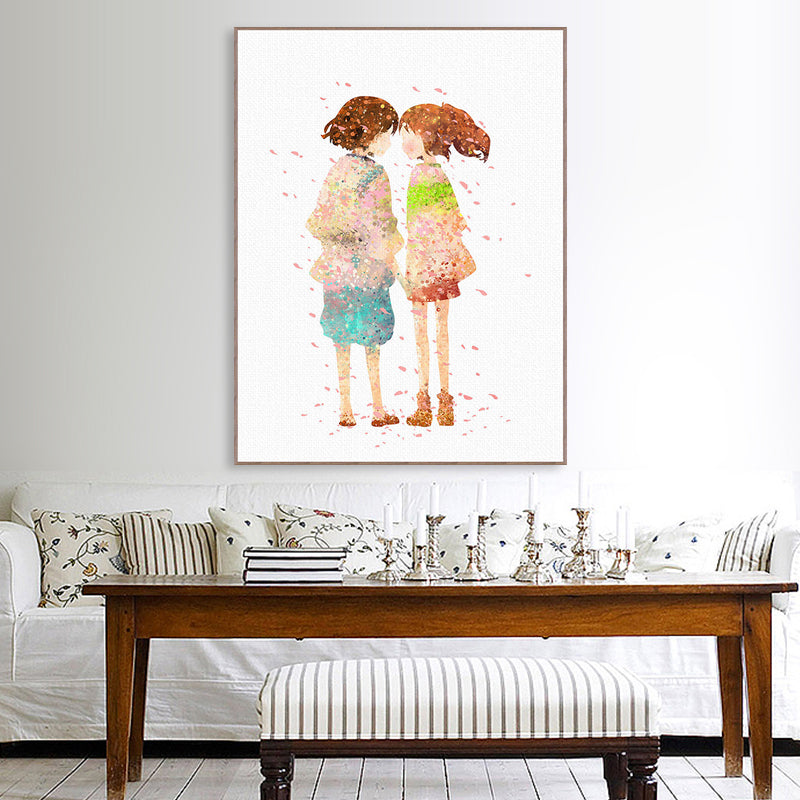 Puppy Love Painting Art Print Textured Cartoon Girls Bedroom Wall Decor in Orange