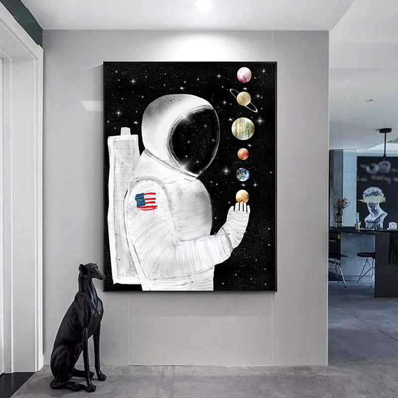 Science Fiction Canvas Print Childrens Art Cool Astronaut Wall Decor in Dark Color