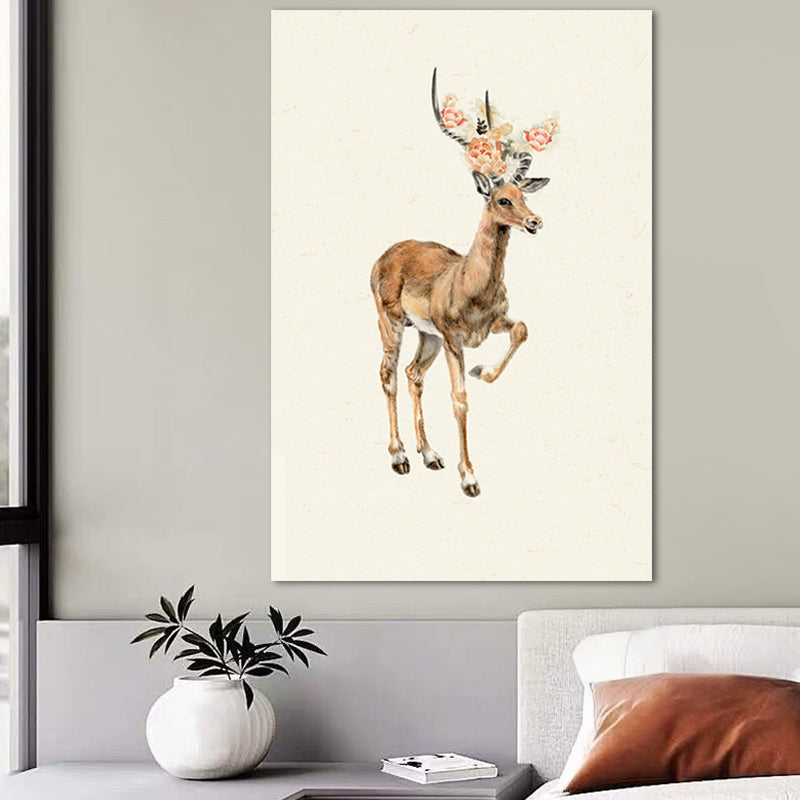 Farmhouse Deer with Flower Wrapped Canvas for Kids Bedroom Wall Art Decor in Brown