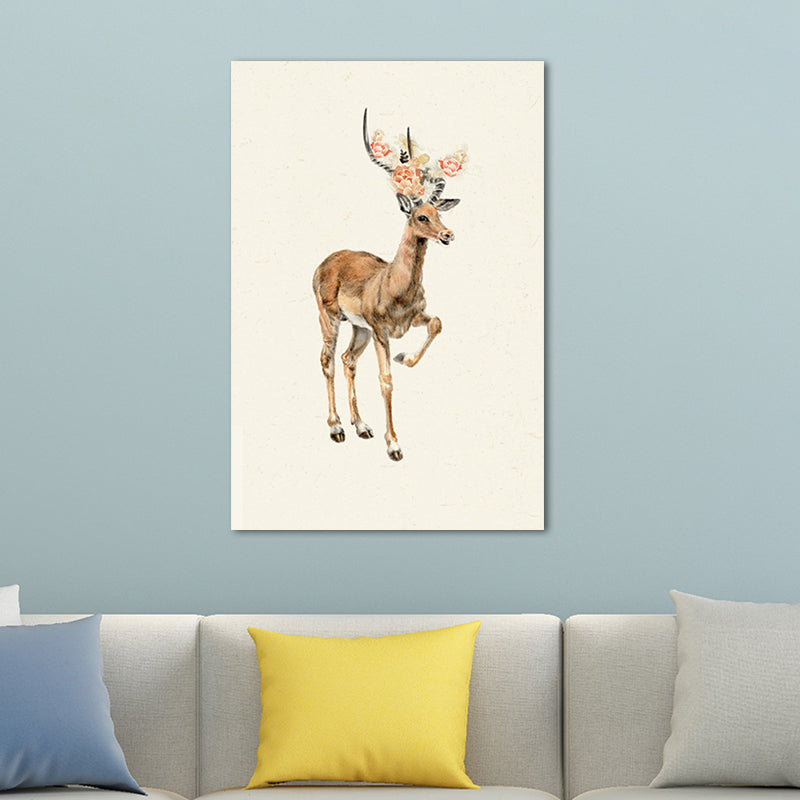 Farmhouse Deer with Flower Wrapped Canvas for Kids Bedroom Wall Art Decor in Brown