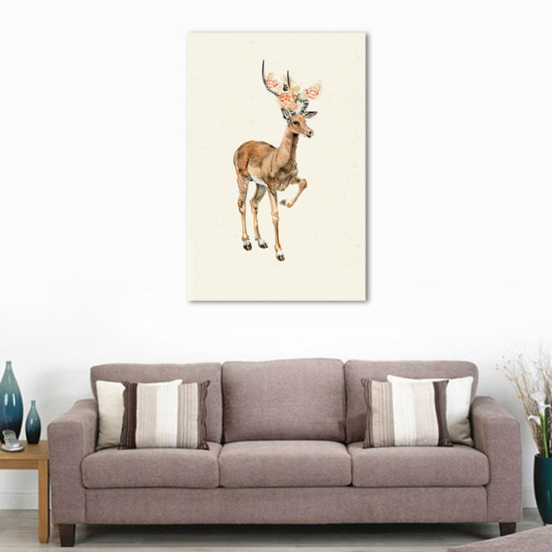 Farmhouse Deer with Flower Wrapped Canvas for Kids Bedroom Wall Art Decor in Brown