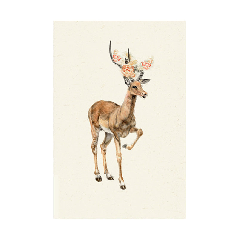 Farmhouse Deer with Flower Wrapped Canvas for Kids Bedroom Wall Art Decor in Brown
