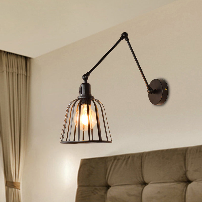 Swing Arm Metallic Wall Mount Light with Wire Cage Industrial 1 Light Bedroom Wall Lamp in Black