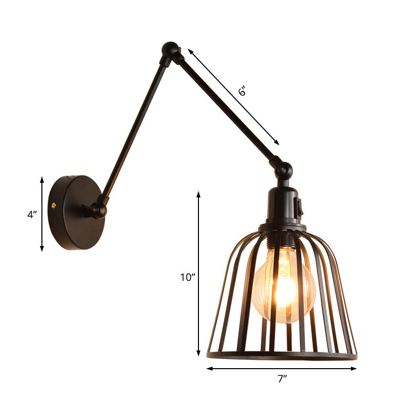 Swing Arm Metallic Wall Mount Light with Wire Cage Industrial 1 Light Bedroom Wall Lamp in Black