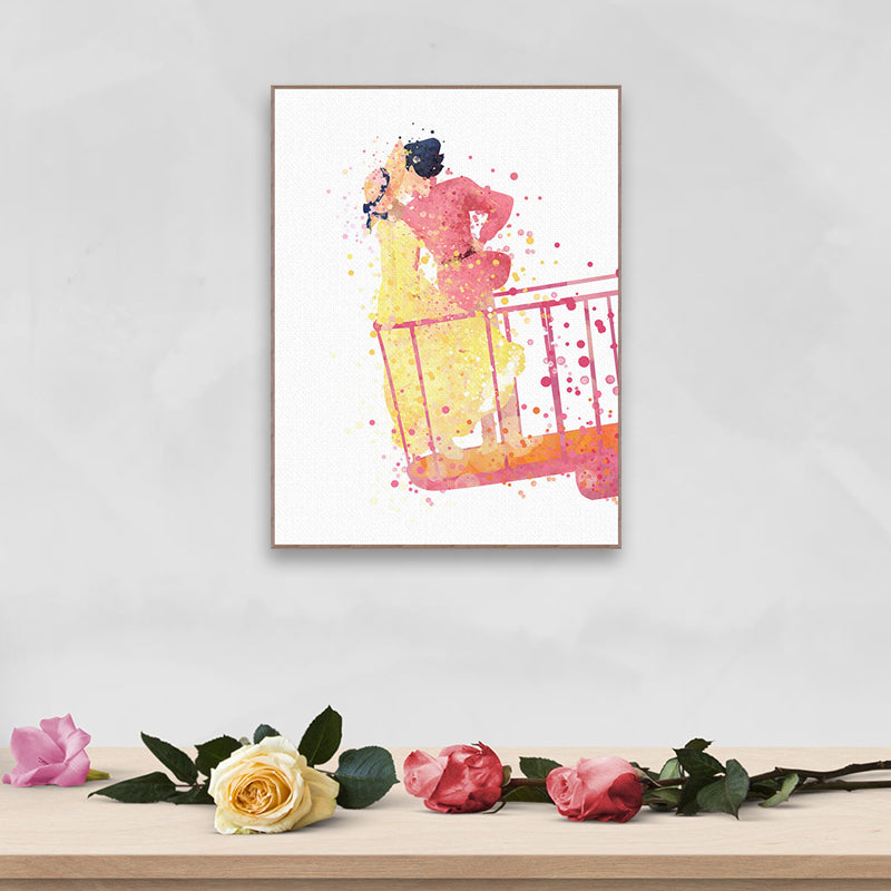 Pink Childrens Art Wall Decor Lover Watercolor Painting Canvas Print for Bedroom