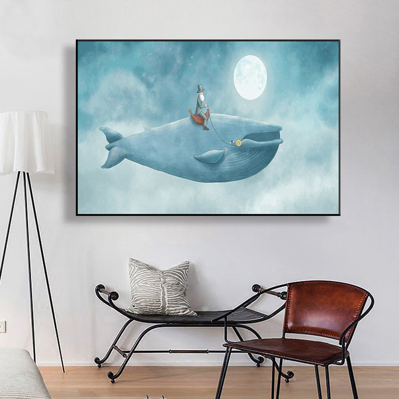 Cartoon Children Wall Art Moon and People on the Whale Pastel Color Canvas Print
