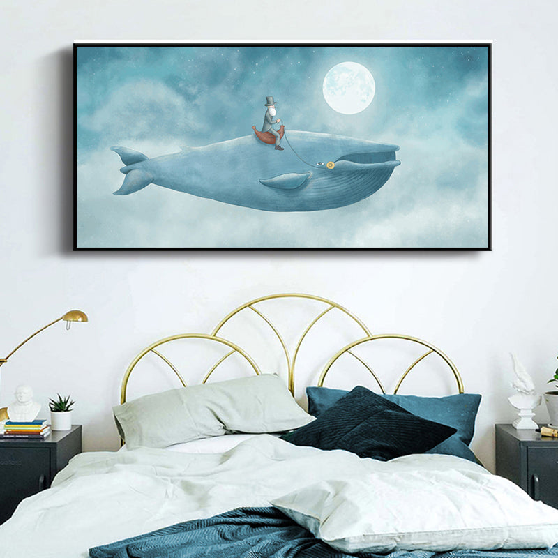 Cartoon Children Wall Art Moon and People on the Whale Pastel Color Canvas Print