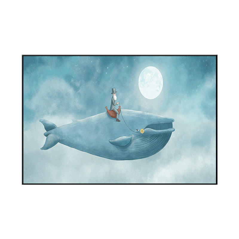 Cartoon Children Wall Art Moon and People on the Whale Pastel Color Canvas Print