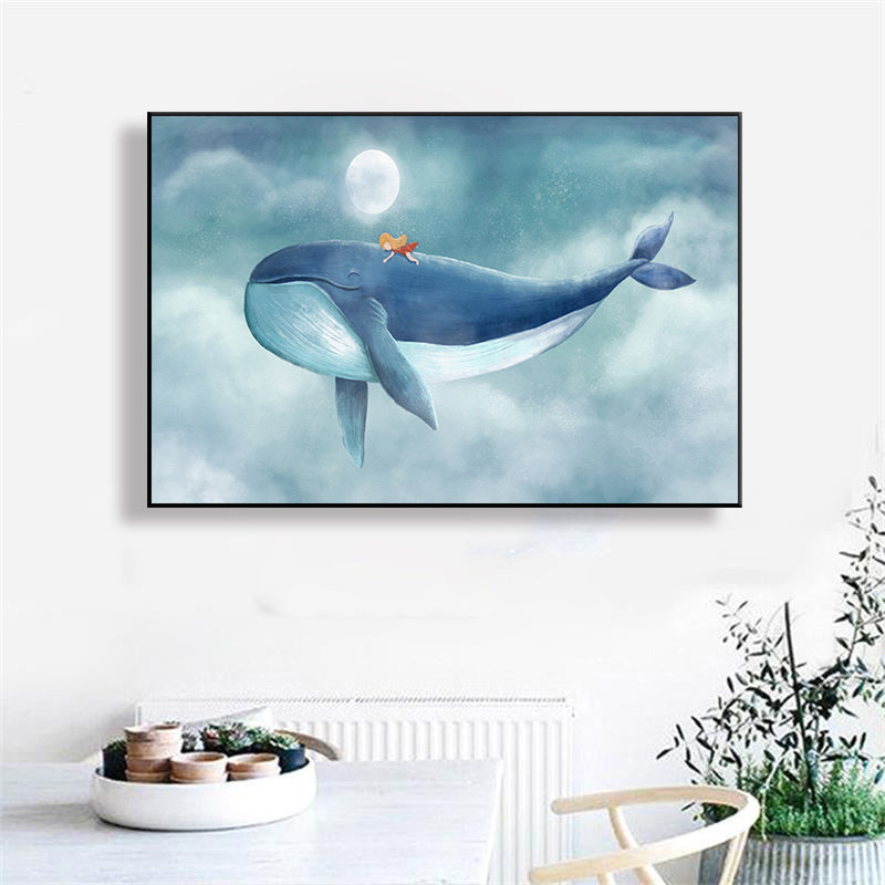 Cartoon Children Wall Art Moon and People on the Whale Pastel Color Canvas Print