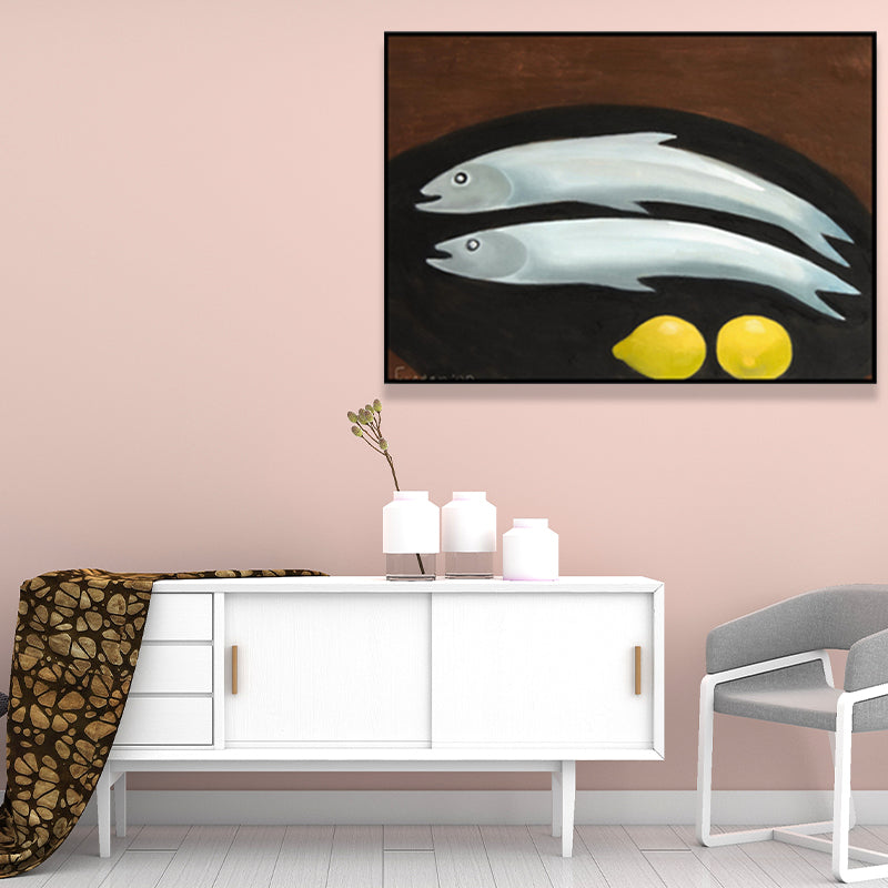 Cartoon Fish and Lemon Canvas Living Room Wall Art Decor in Black, Multiple Size Options