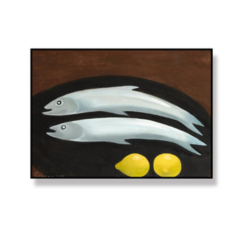 Cartoon Fish and Lemon Canvas Living Room Wall Art Decor in Black, Multiple Size Options