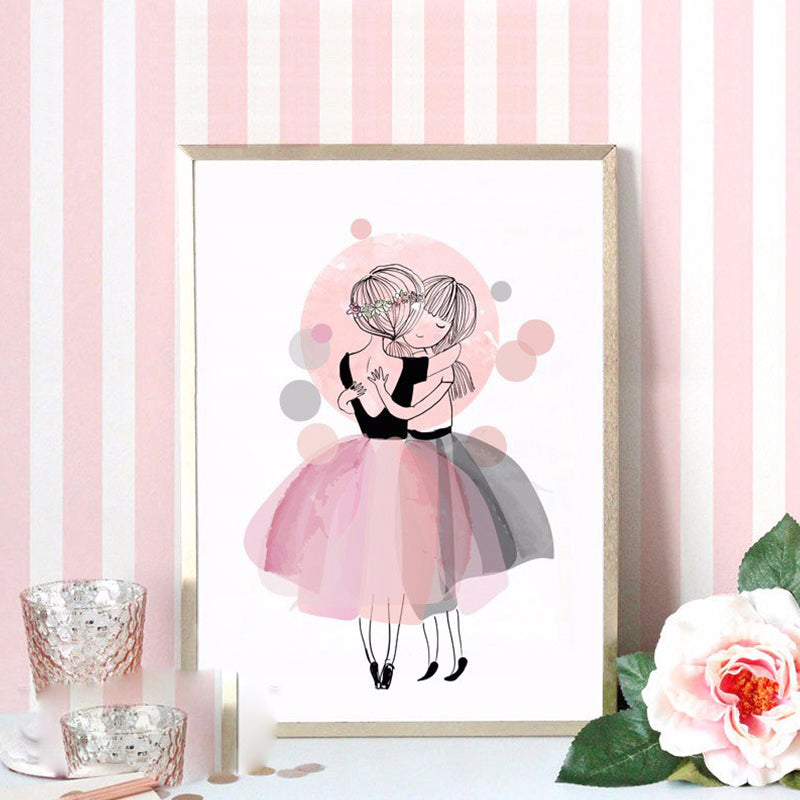 Toile imprimée de figurines d'art pour enfants, couleur douce, dessin de fille, décor mural pour chambre à coucher