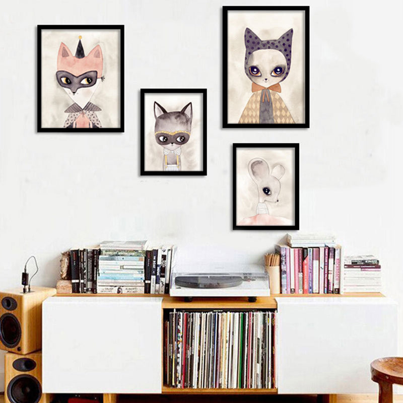 Rabbit Canvas Wall Art Cartoon Cute Figure Drawing Wall Decor in Beige for Nursery