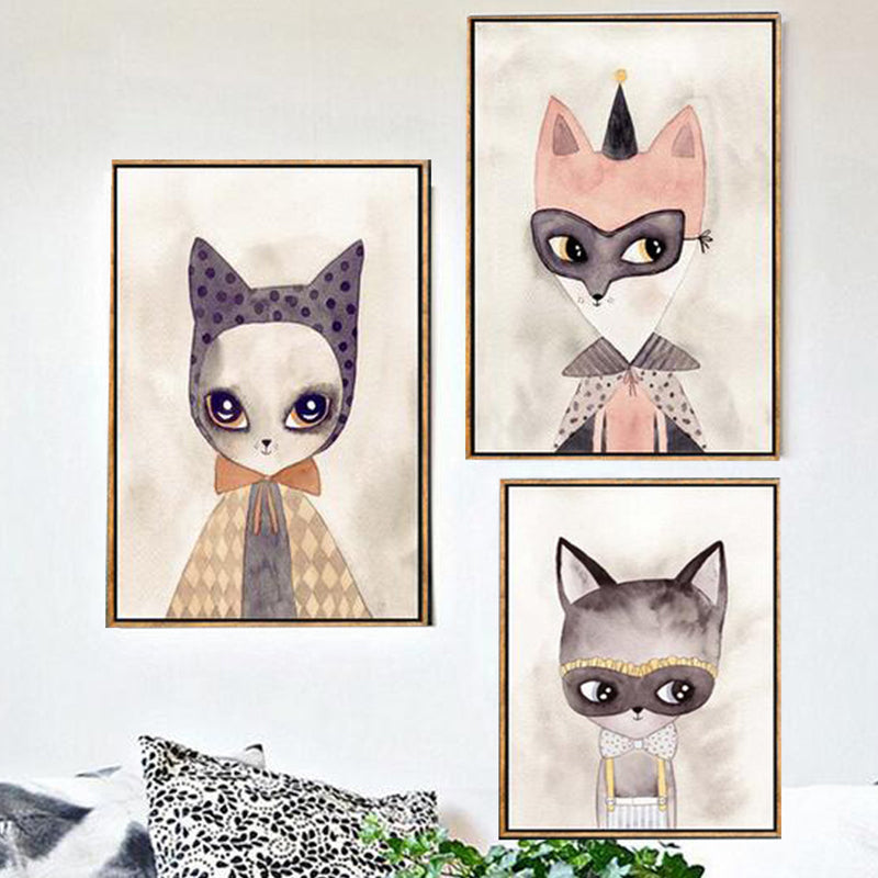 Rabbit Canvas Wall Art Cartoon Cute Figure Drawing Wall Decor in Beige for Nursery