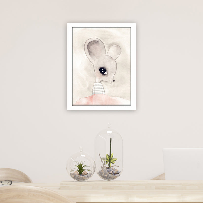 Rabbit Canvas Wall Art Cartoon Cute Figure Drawing Wall Decor in Beige for Nursery