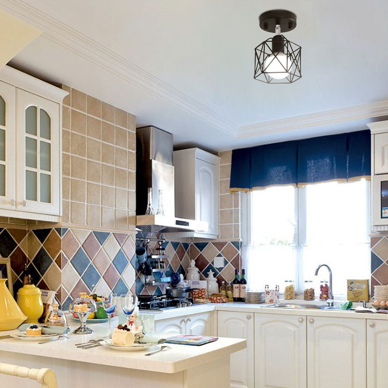 Semi-affleurant hexagonal à 1 lumière avec protection métallique, luminaire monté au plafond en fer noir pour Loft industriel, pour cuisine