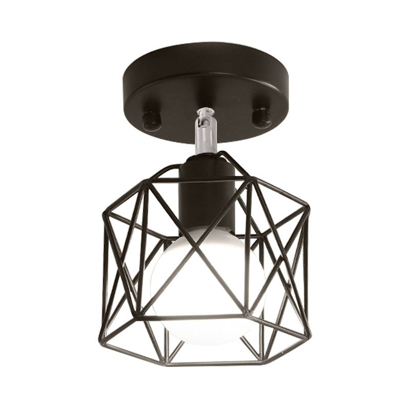 Semi-affleurant hexagonal à 1 lumière avec protection métallique, luminaire monté au plafond en fer noir pour Loft industriel, pour cuisine