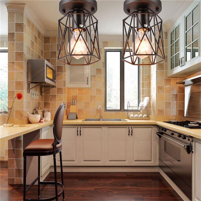 1 Head Wire Cage Semi Flush Light Vintage Style Black Metallic Ceiling Mounted Fixture for Kitchen