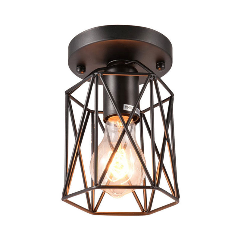 1 Head Wire Cage Semi Flush Light Vintage Style Black Metallic Ceiling Mounted Fixture for Kitchen
