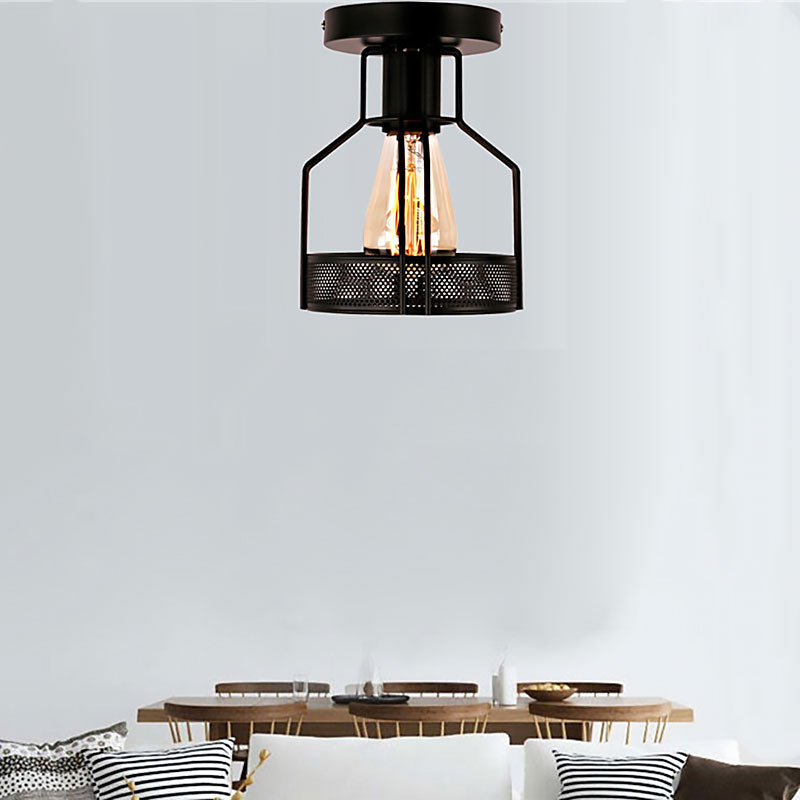 1 Head Cage Semi Flush Mount Light with Mesh Screen Industrial Loft Black Metal Ceiling Lighting for Dining Room