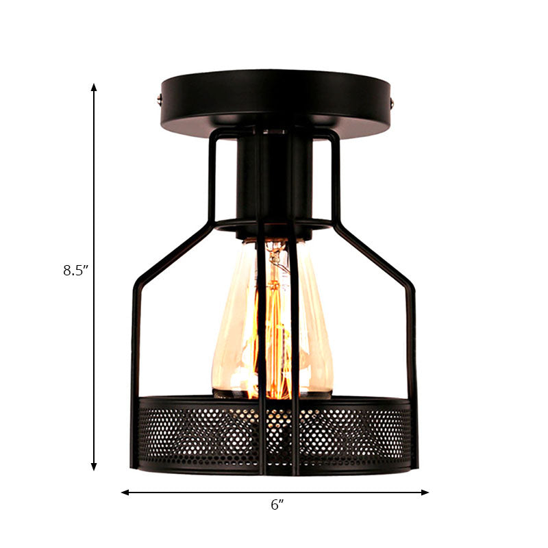 1 Head Cage Semi Flush Mount Light with Mesh Screen Industrial Loft Black Metal Ceiling Lighting for Dining Room