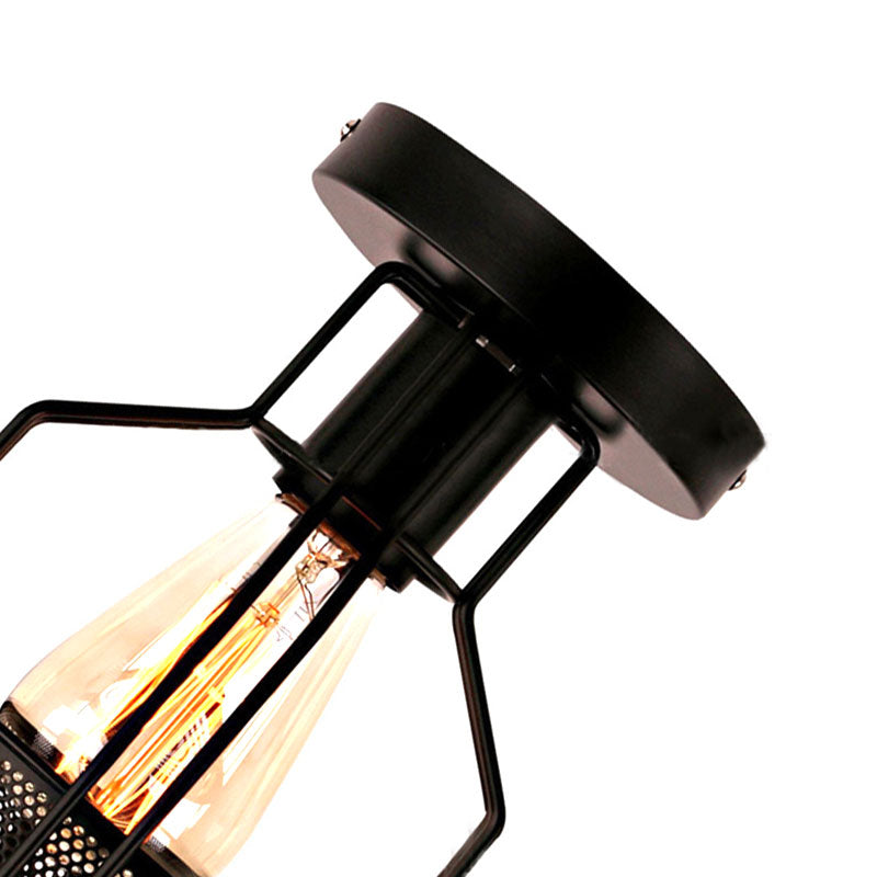 1 Head Cage Semi Flush Mount Light with Mesh Screen Industrial Loft Black Metal Ceiling Lighting for Dining Room