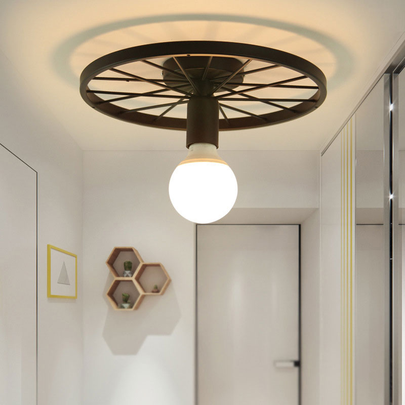 Wheel Shaped Corridor Semi Flush Pendant Light Retro Metal 1 Bulb Black Finish Semi Mount Lighting
