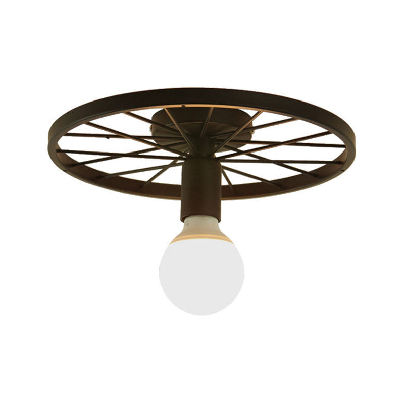 Wheel Shaped Corridor Semi Flush Pendant Light Retro Metal 1 Bulb Black Finish Semi Mount Lighting