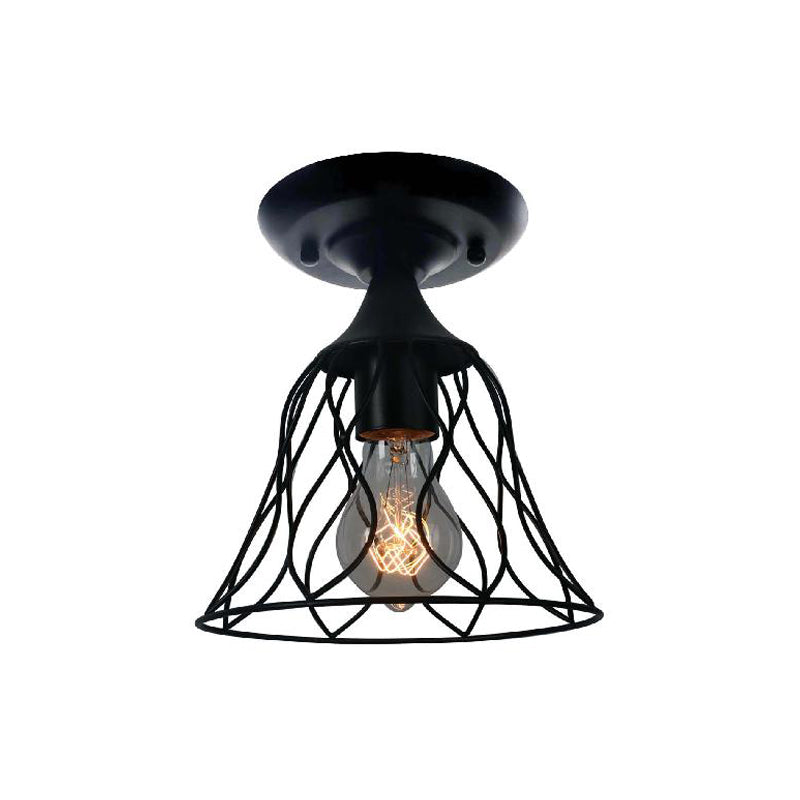 1 Bulb Ceiling Lighting Antique Bell Cage Shade Metallic Semi Flush Pendant Light in Black for Bedroom